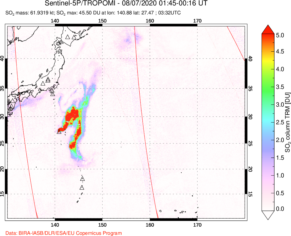 A sulfur dioxide image over Western Pacific on Aug 07, 2020.