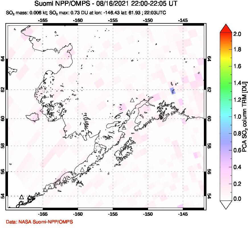 A sulfur dioxide image over Alaska, USA on Aug 16, 2021.