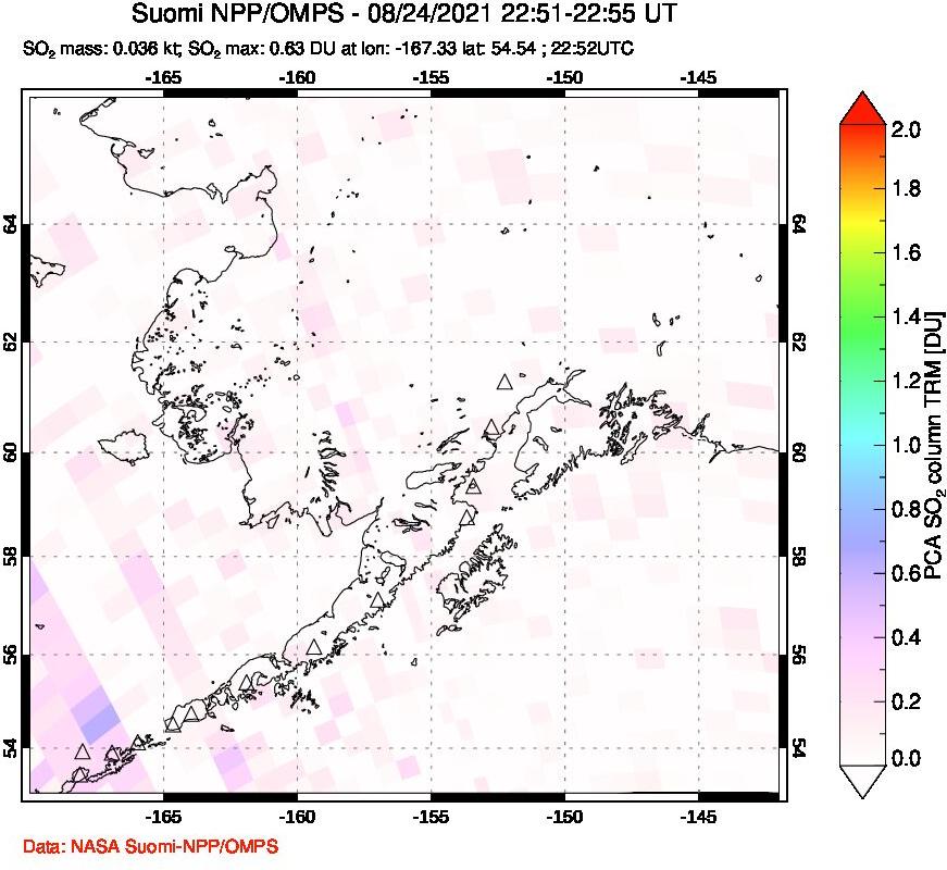 A sulfur dioxide image over Alaska, USA on Aug 24, 2021.
