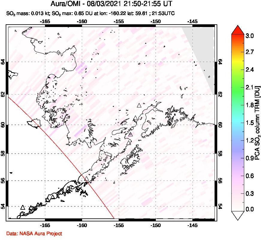 A sulfur dioxide image over Alaska, USA on Aug 03, 2021.