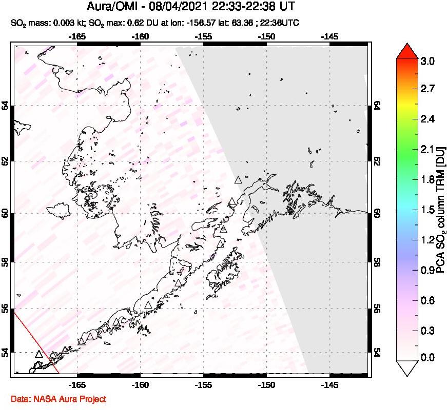 A sulfur dioxide image over Alaska, USA on Aug 04, 2021.