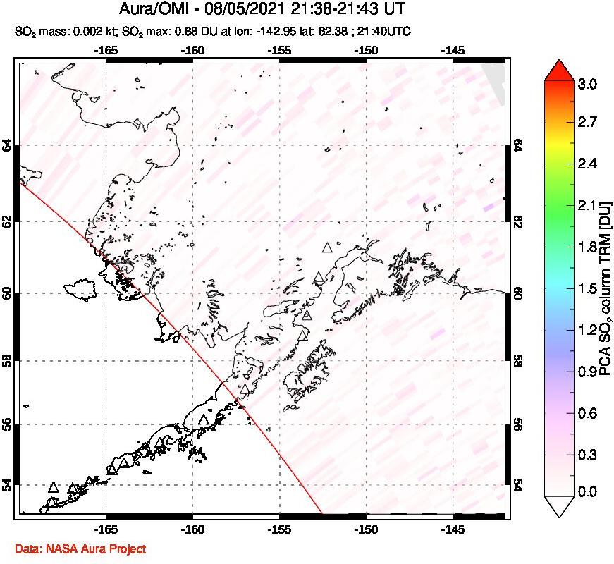 A sulfur dioxide image over Alaska, USA on Aug 05, 2021.
