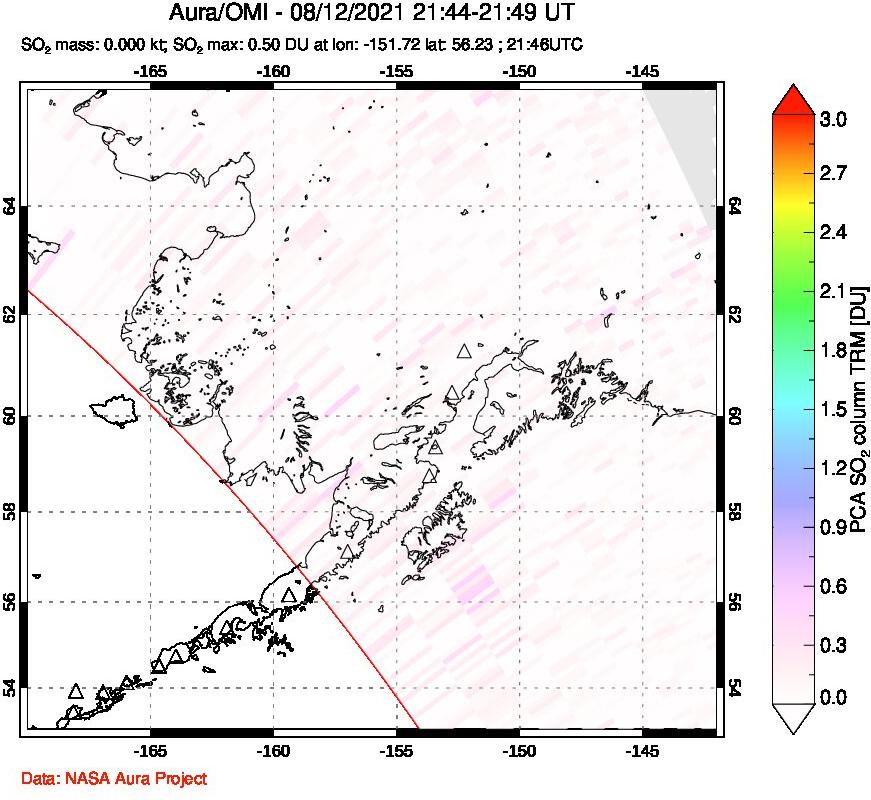 A sulfur dioxide image over Alaska, USA on Aug 12, 2021.