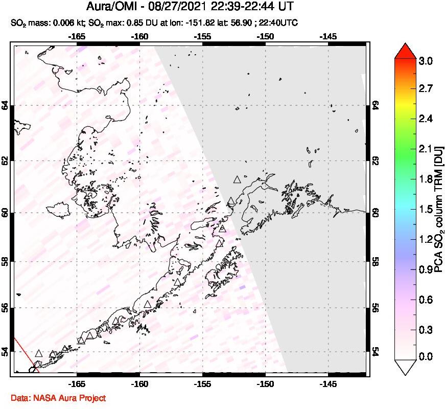 A sulfur dioxide image over Alaska, USA on Aug 27, 2021.