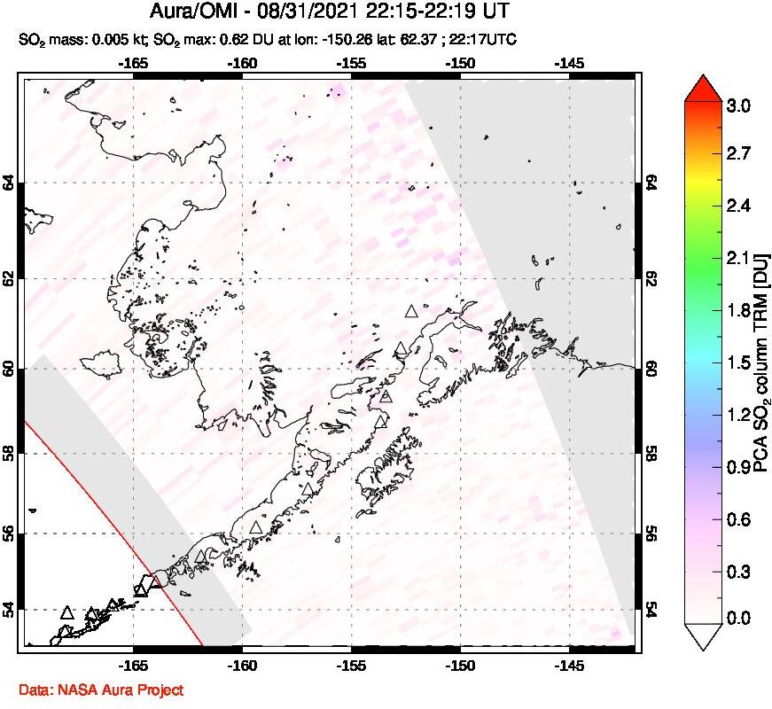 A sulfur dioxide image over Alaska, USA on Aug 31, 2021.