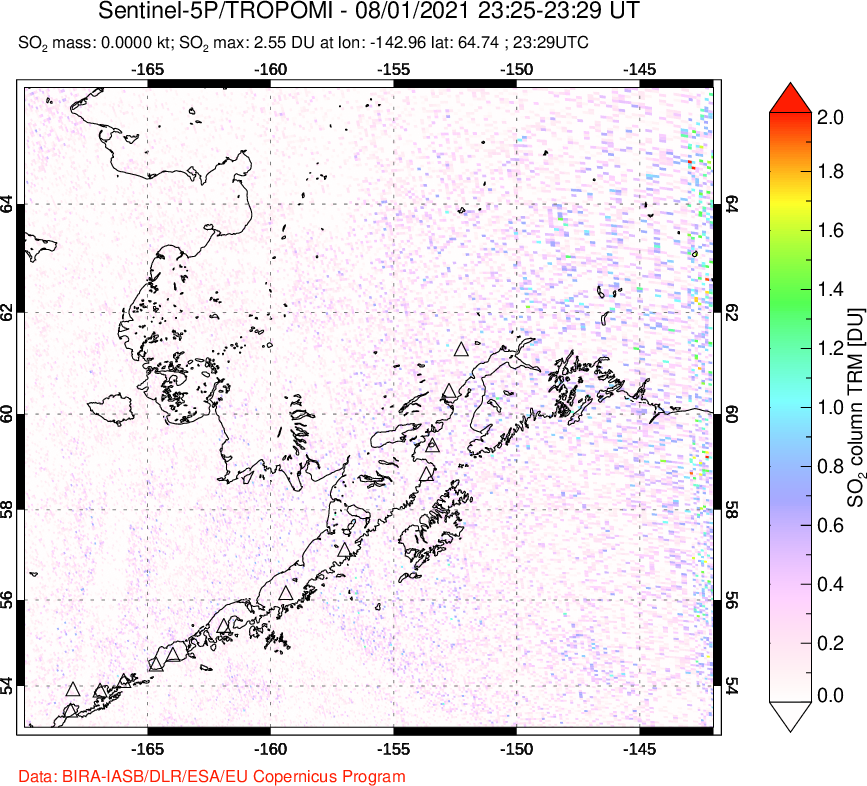 A sulfur dioxide image over Alaska, USA on Aug 01, 2021.