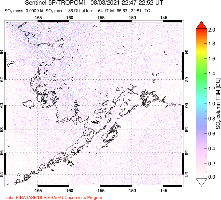 A sulfur dioxide image over Alaska, USA on Aug 03, 2021.