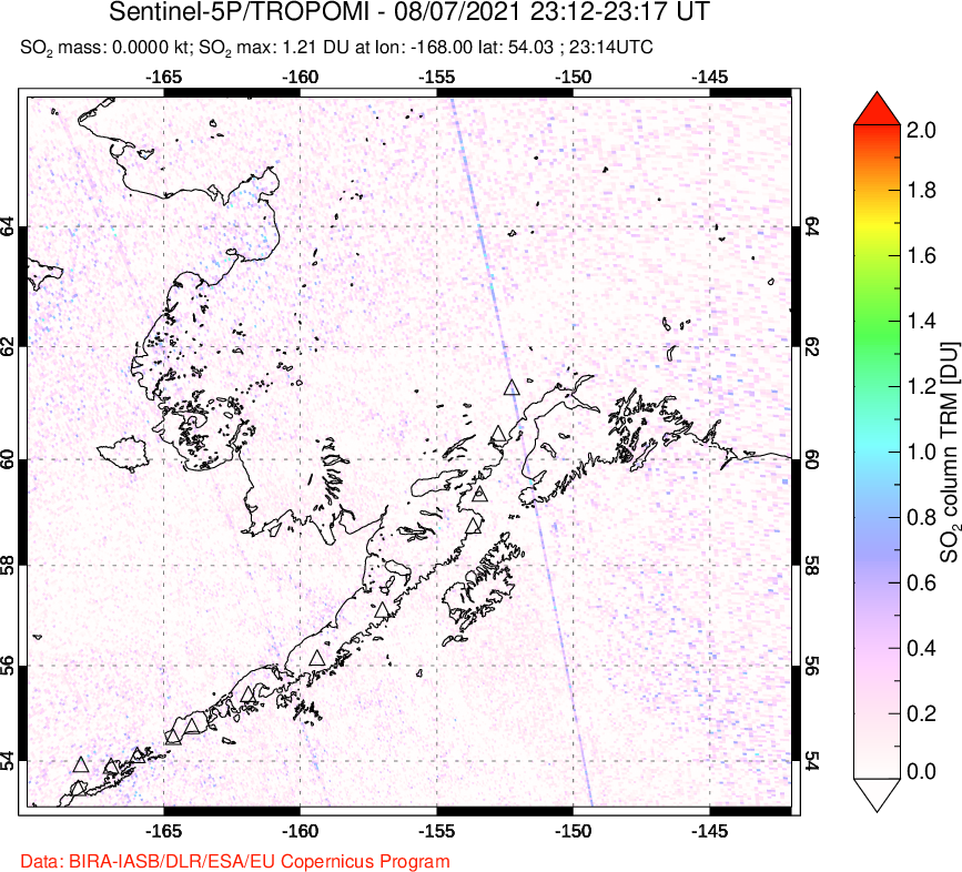 A sulfur dioxide image over Alaska, USA on Aug 07, 2021.