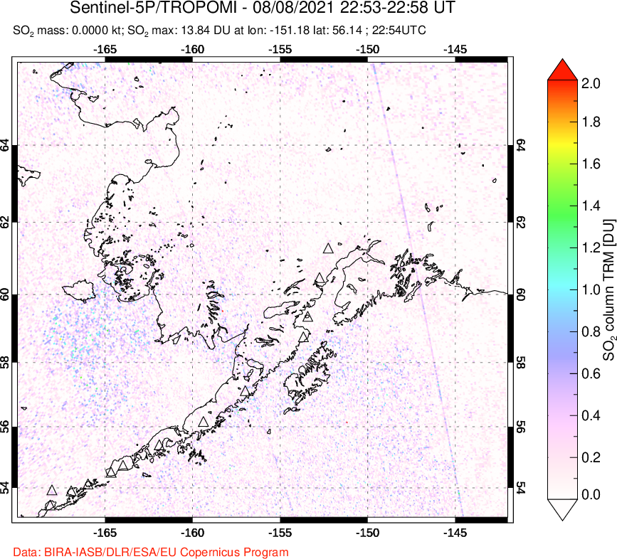 A sulfur dioxide image over Alaska, USA on Aug 08, 2021.