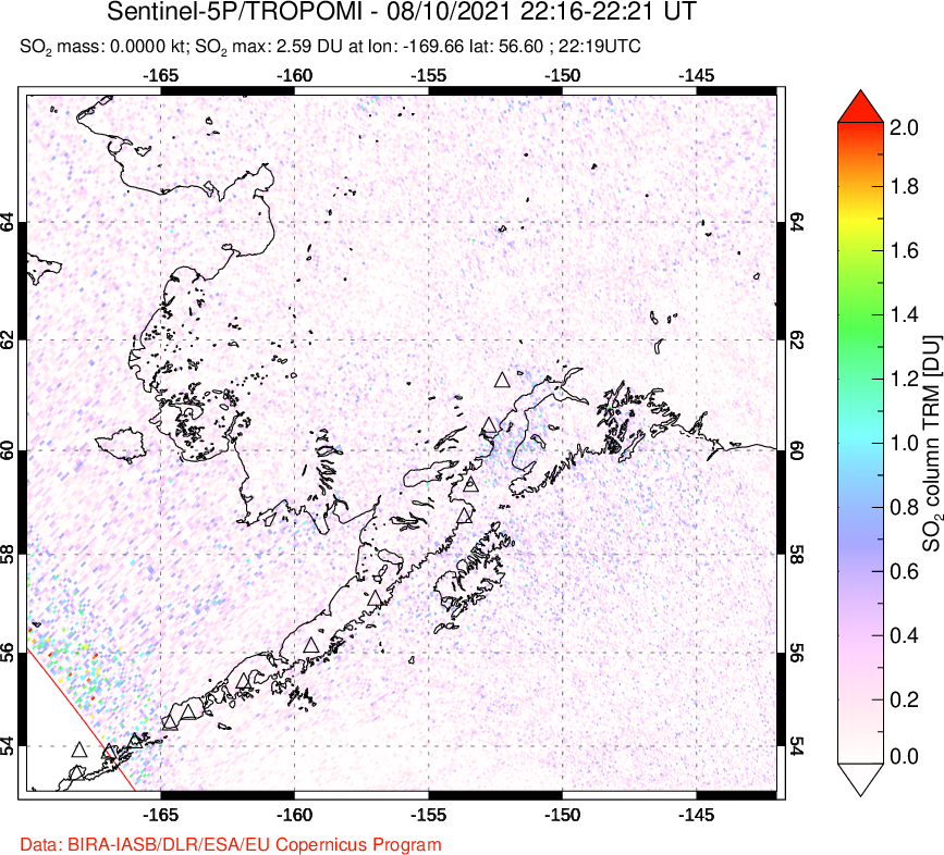 A sulfur dioxide image over Alaska, USA on Aug 10, 2021.