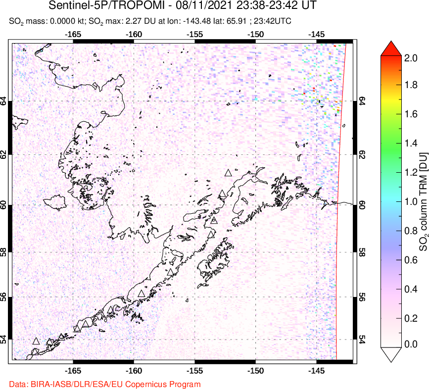 A sulfur dioxide image over Alaska, USA on Aug 11, 2021.