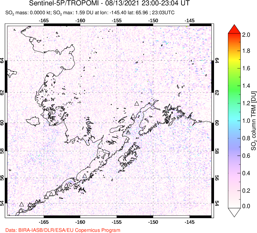 A sulfur dioxide image over Alaska, USA on Aug 13, 2021.