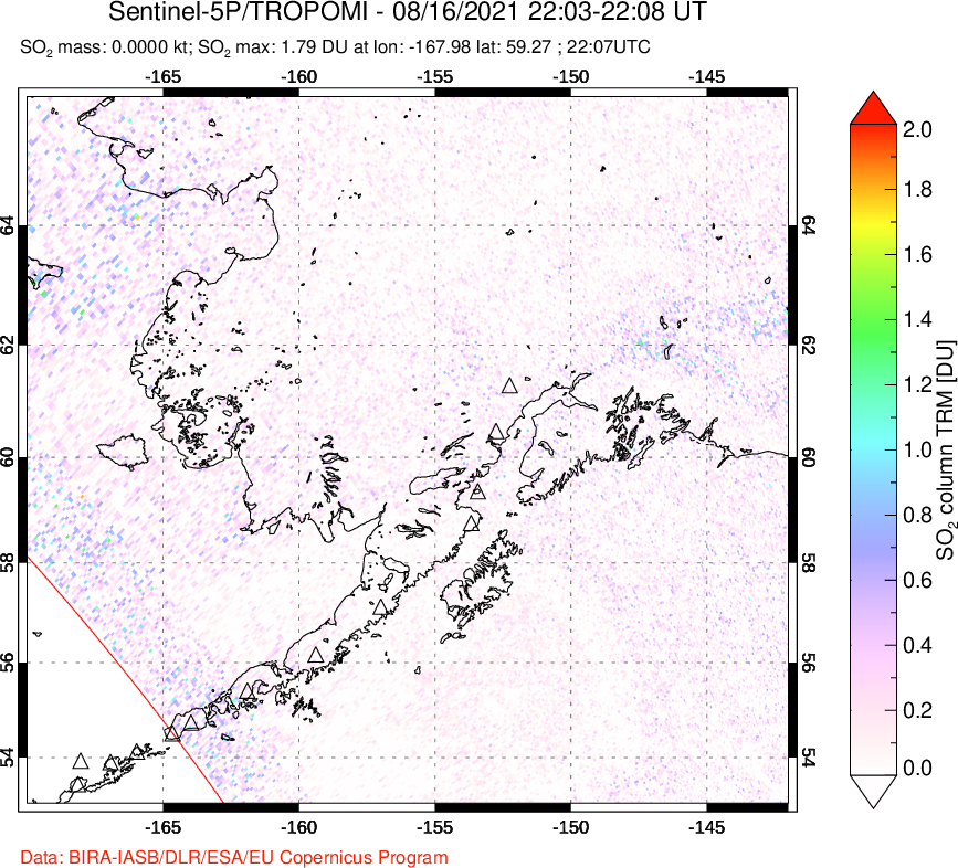 A sulfur dioxide image over Alaska, USA on Aug 16, 2021.