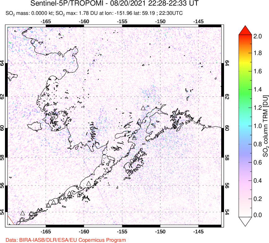 A sulfur dioxide image over Alaska, USA on Aug 20, 2021.