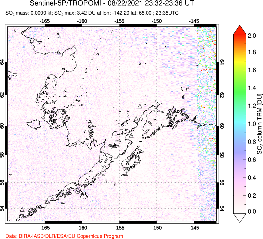 A sulfur dioxide image over Alaska, USA on Aug 22, 2021.