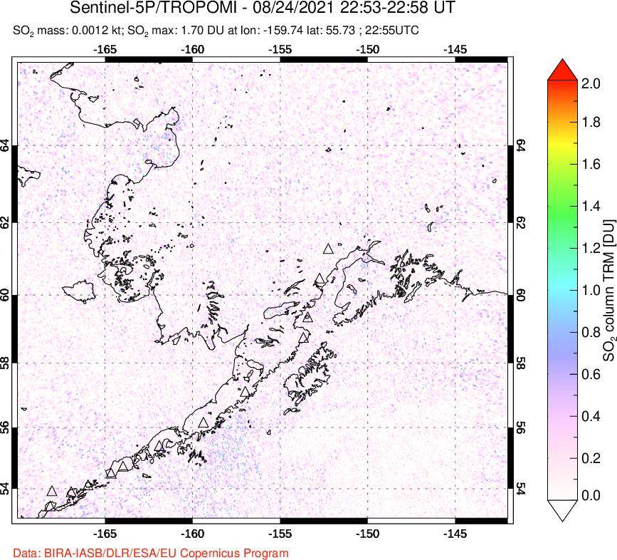 A sulfur dioxide image over Alaska, USA on Aug 24, 2021.