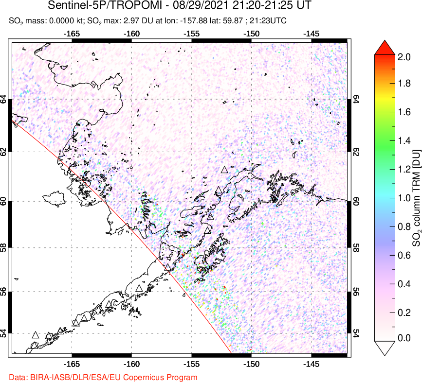 A sulfur dioxide image over Alaska, USA on Aug 29, 2021.