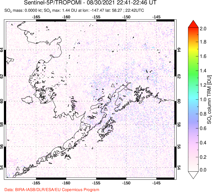 A sulfur dioxide image over Alaska, USA on Aug 30, 2021.