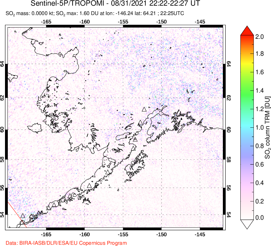 A sulfur dioxide image over Alaska, USA on Aug 31, 2021.