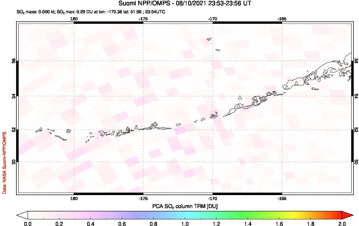 A sulfur dioxide image over Aleutian Islands, Alaska, USA on Aug 10, 2021.