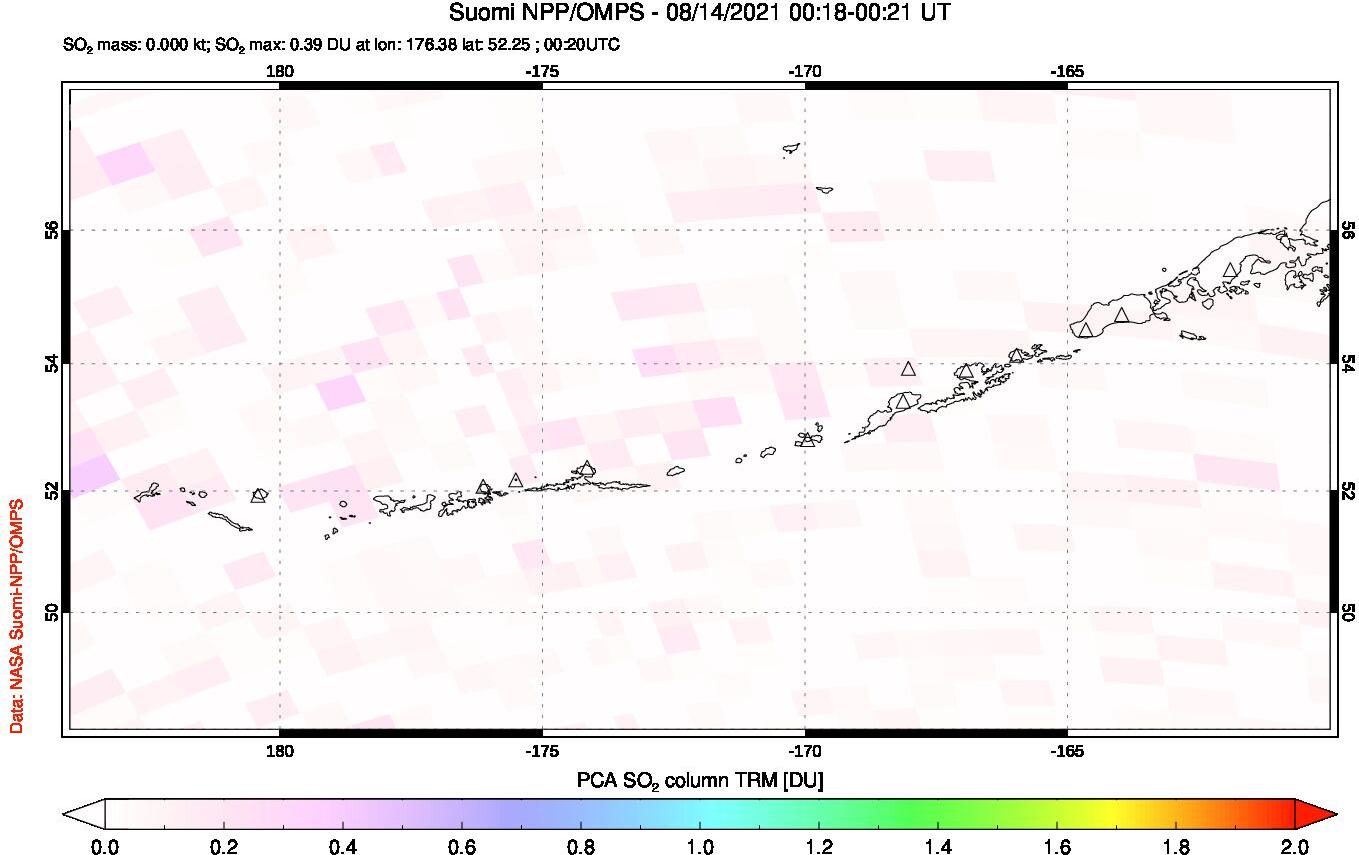 A sulfur dioxide image over Aleutian Islands, Alaska, USA on Aug 14, 2021.