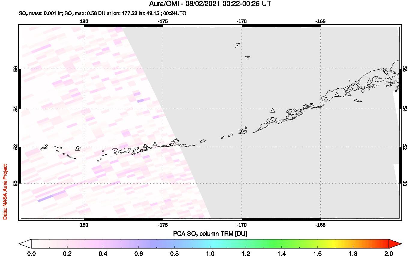 A sulfur dioxide image over Aleutian Islands, Alaska, USA on Aug 02, 2021.