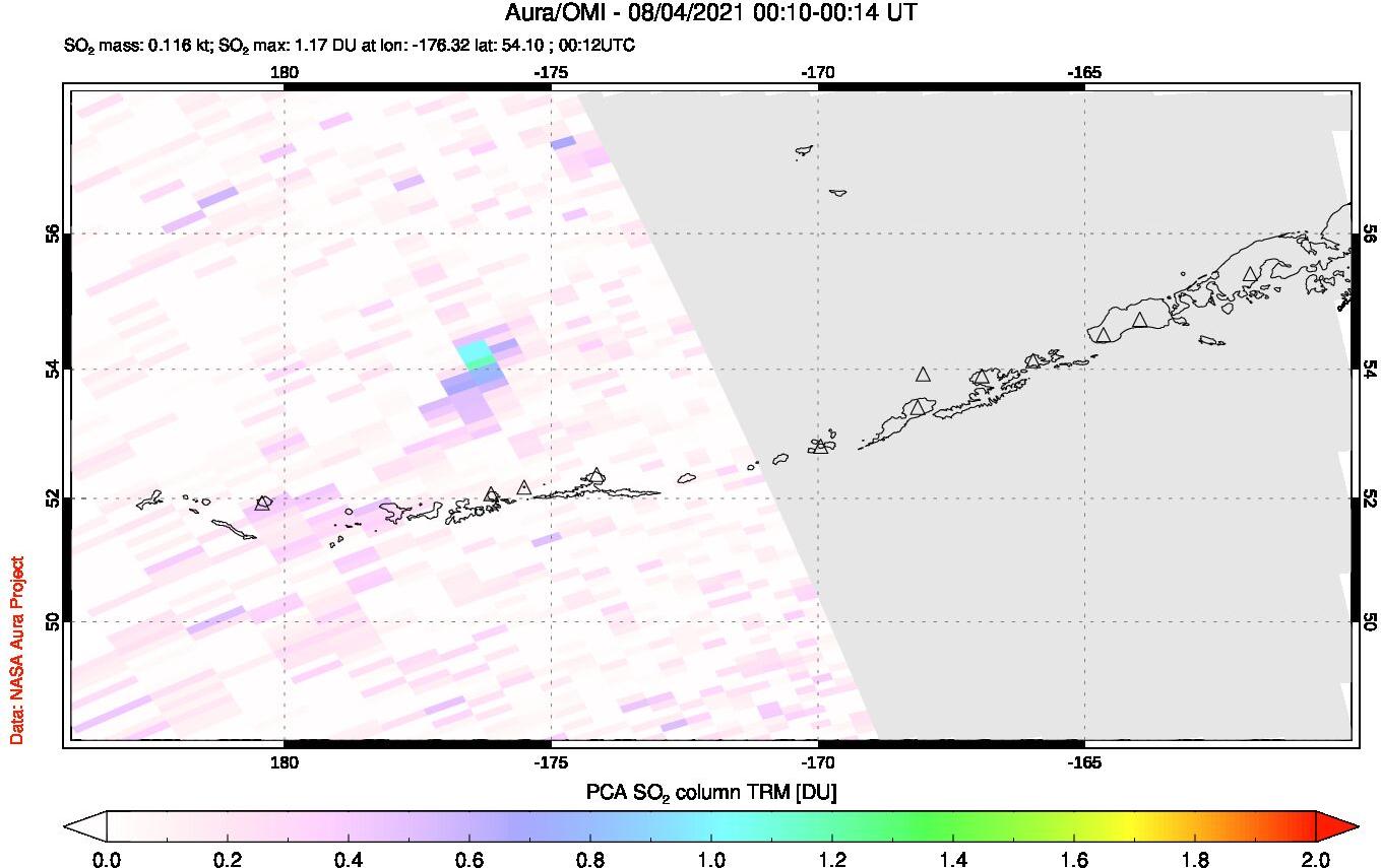 A sulfur dioxide image over Aleutian Islands, Alaska, USA on Aug 04, 2021.