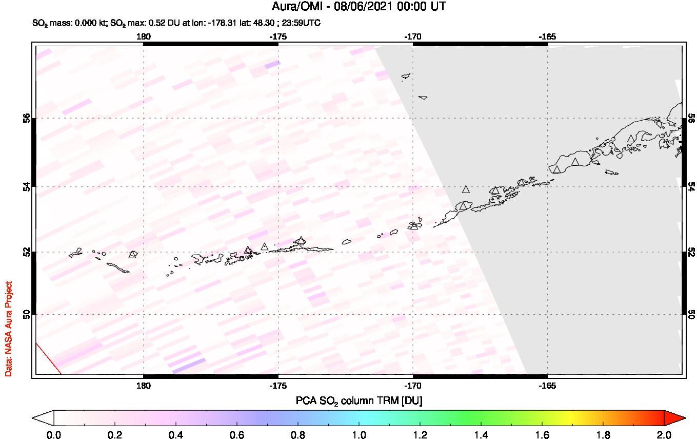 A sulfur dioxide image over Aleutian Islands, Alaska, USA on Aug 06, 2021.