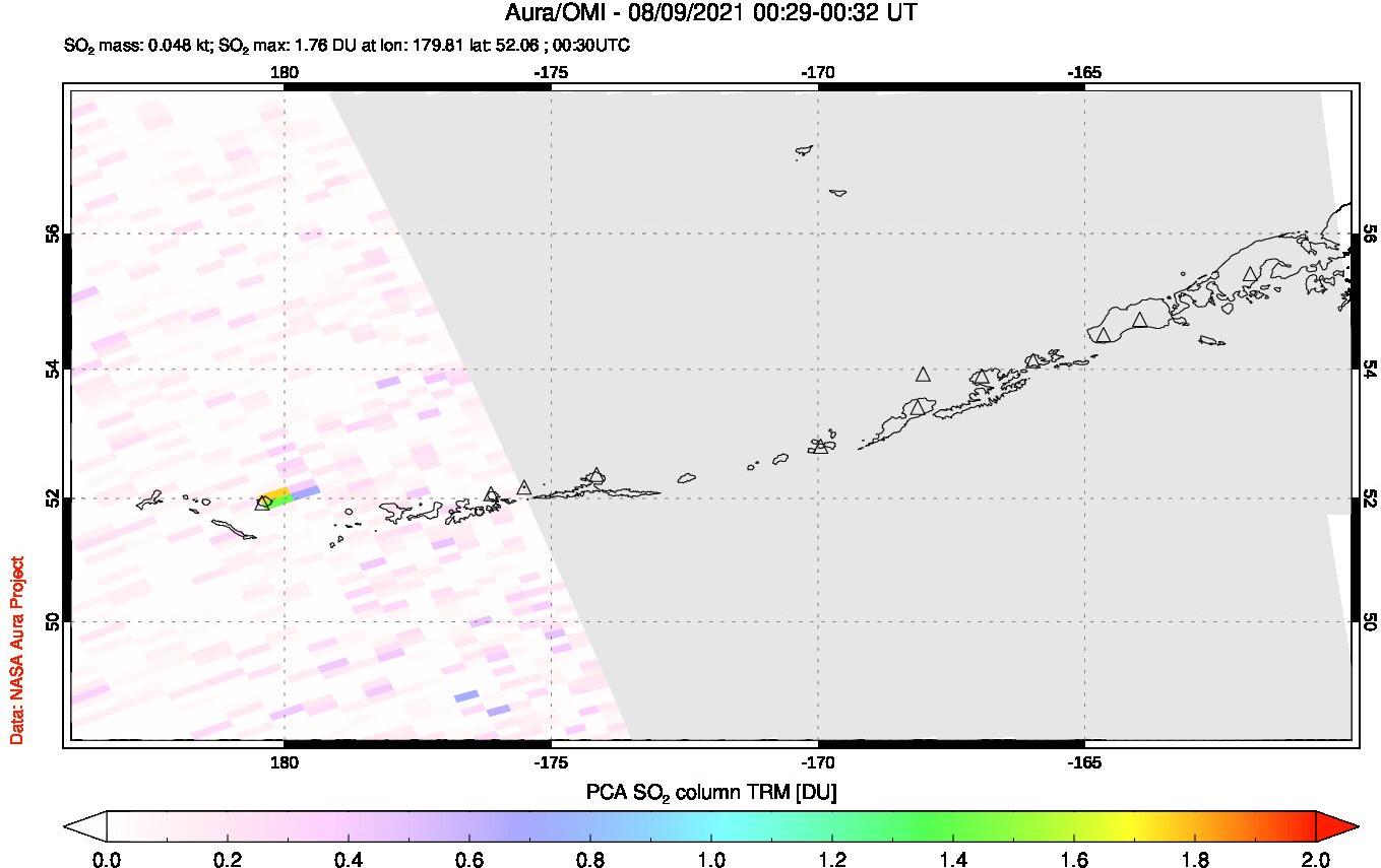 A sulfur dioxide image over Aleutian Islands, Alaska, USA on Aug 09, 2021.