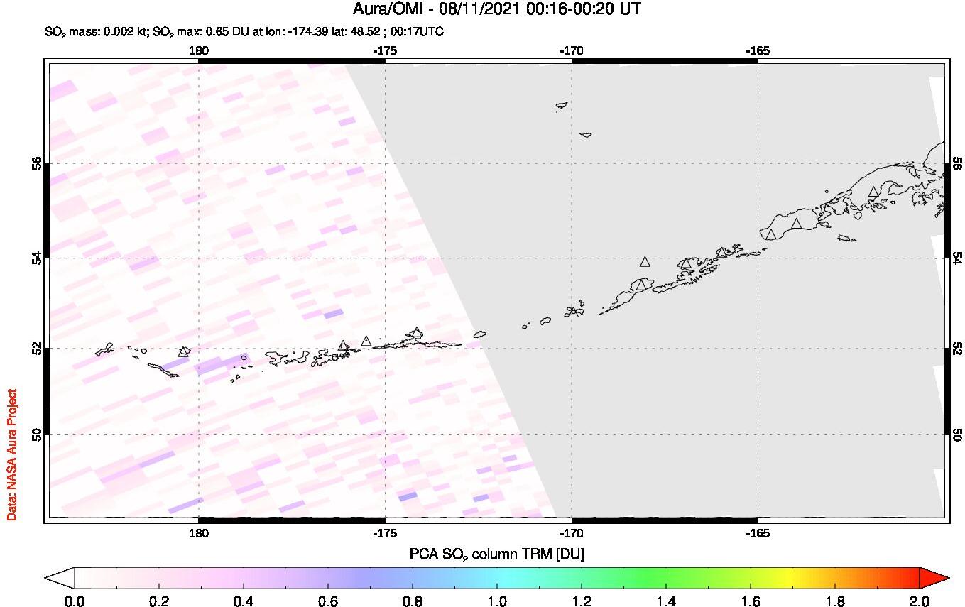 A sulfur dioxide image over Aleutian Islands, Alaska, USA on Aug 11, 2021.