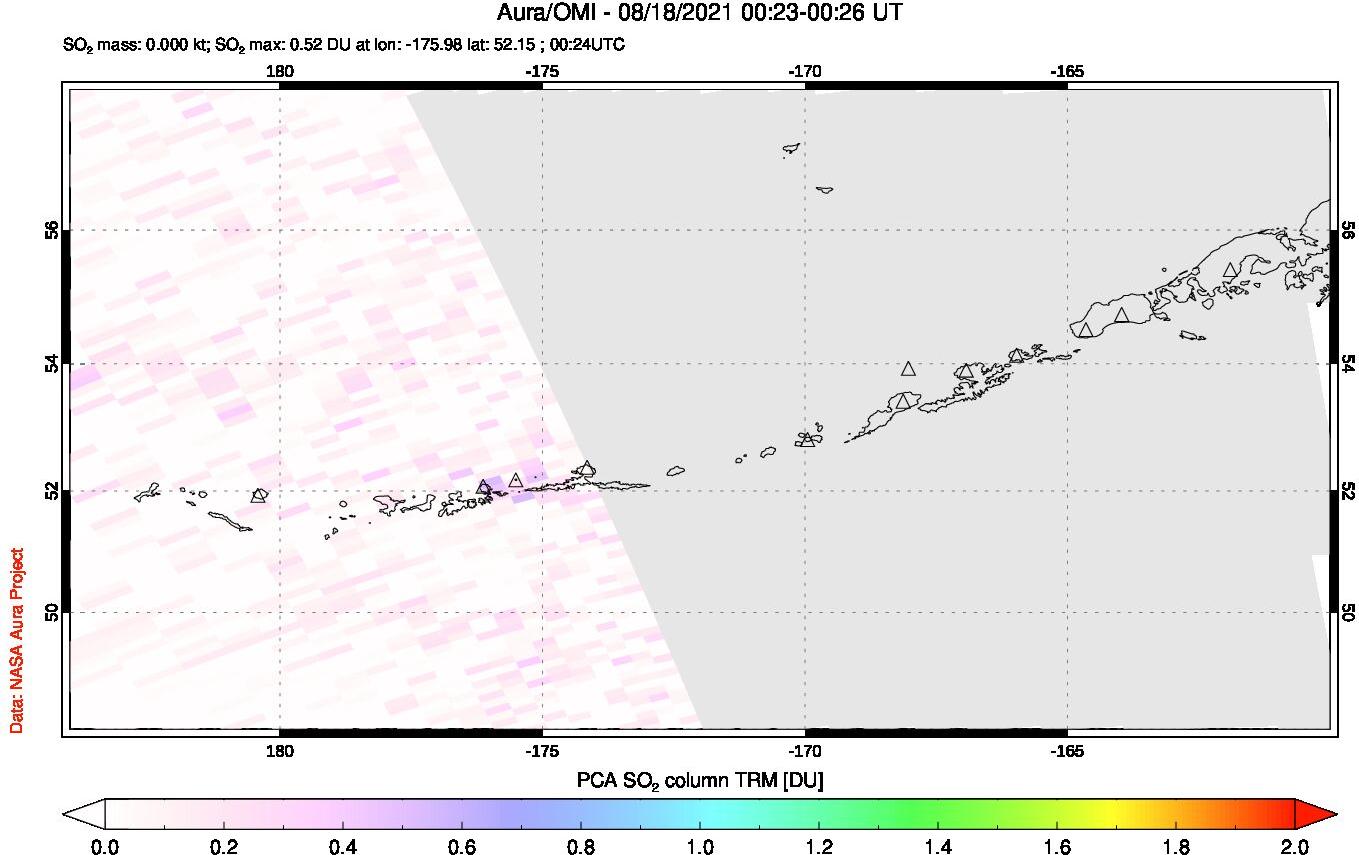 A sulfur dioxide image over Aleutian Islands, Alaska, USA on Aug 18, 2021.