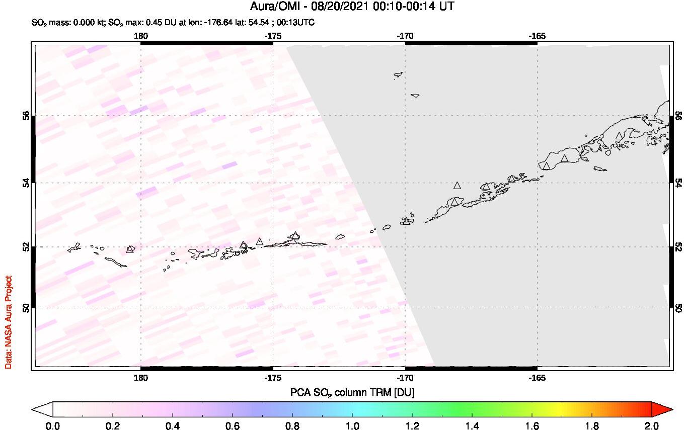 A sulfur dioxide image over Aleutian Islands, Alaska, USA on Aug 20, 2021.