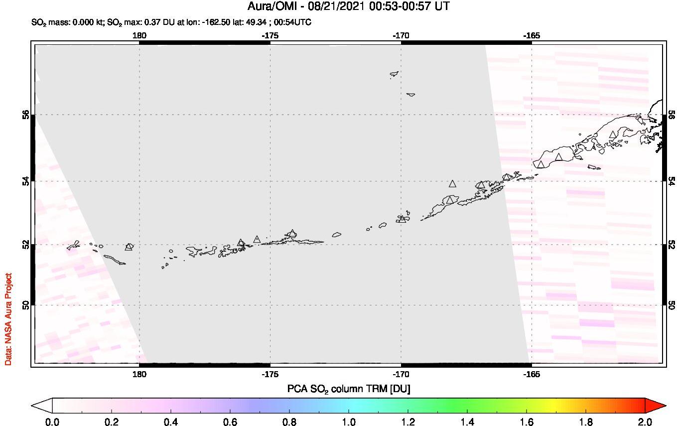 A sulfur dioxide image over Aleutian Islands, Alaska, USA on Aug 21, 2021.