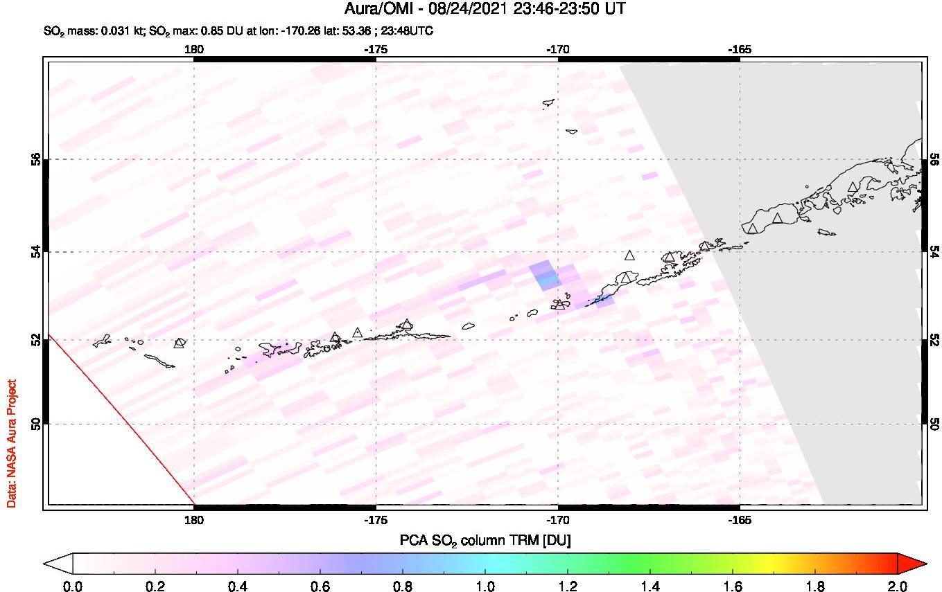 A sulfur dioxide image over Aleutian Islands, Alaska, USA on Aug 24, 2021.