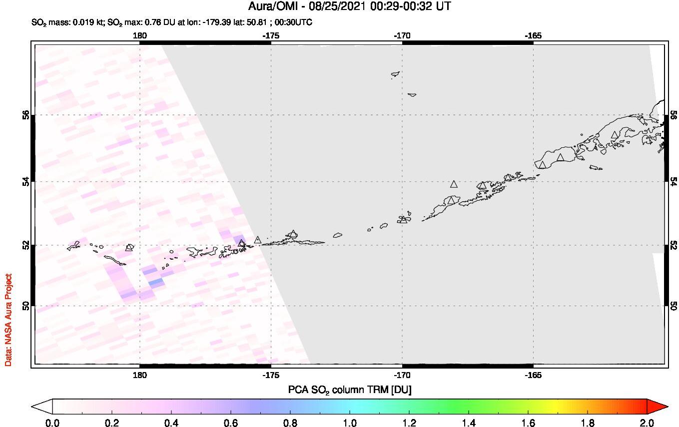 A sulfur dioxide image over Aleutian Islands, Alaska, USA on Aug 25, 2021.