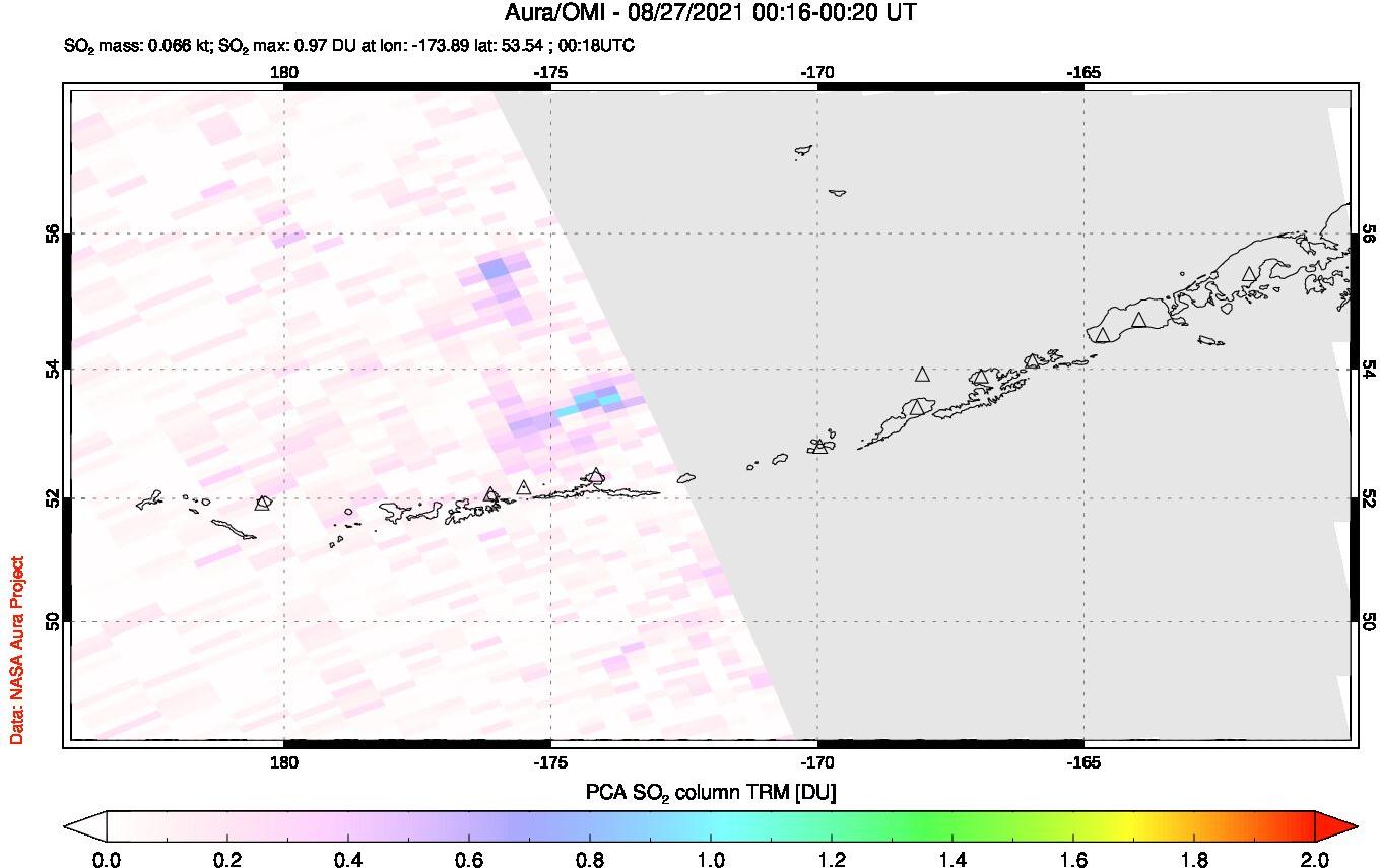 A sulfur dioxide image over Aleutian Islands, Alaska, USA on Aug 27, 2021.