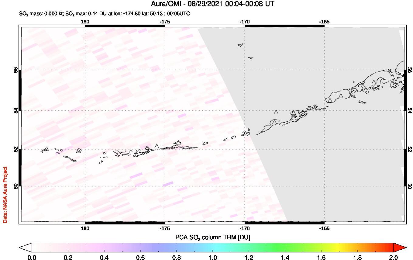 A sulfur dioxide image over Aleutian Islands, Alaska, USA on Aug 29, 2021.