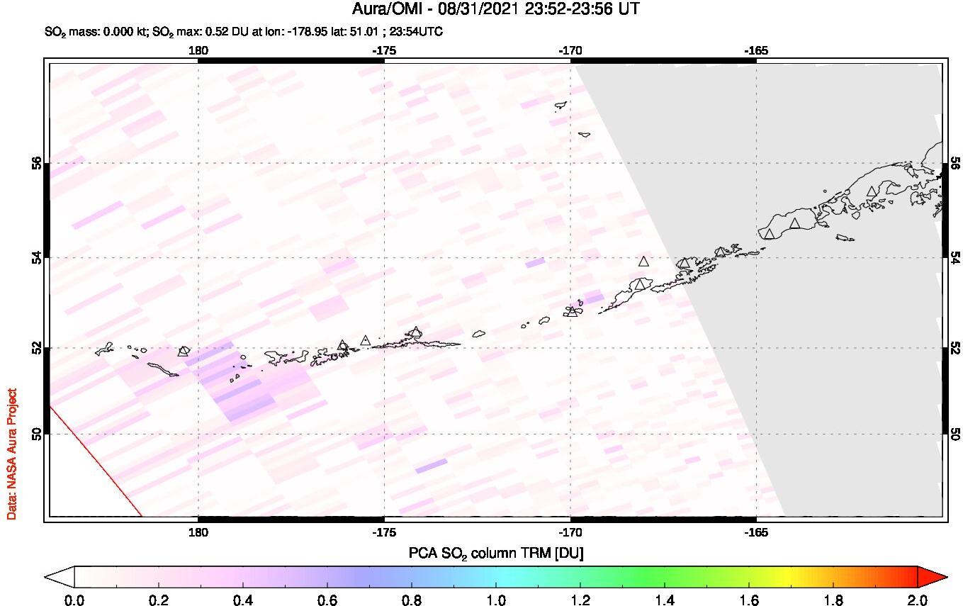 A sulfur dioxide image over Aleutian Islands, Alaska, USA on Aug 31, 2021.