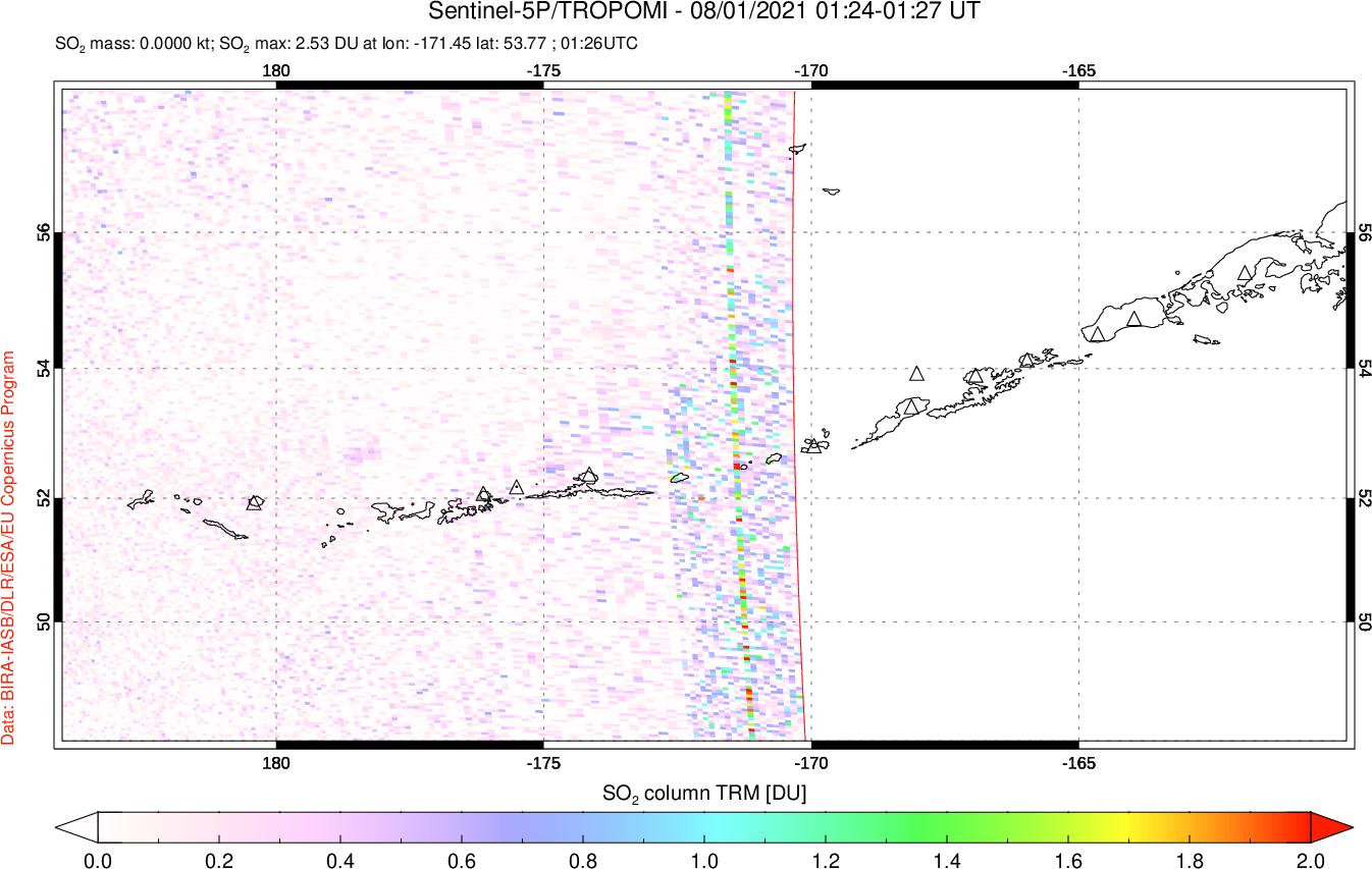 A sulfur dioxide image over Aleutian Islands, Alaska, USA on Aug 01, 2021.