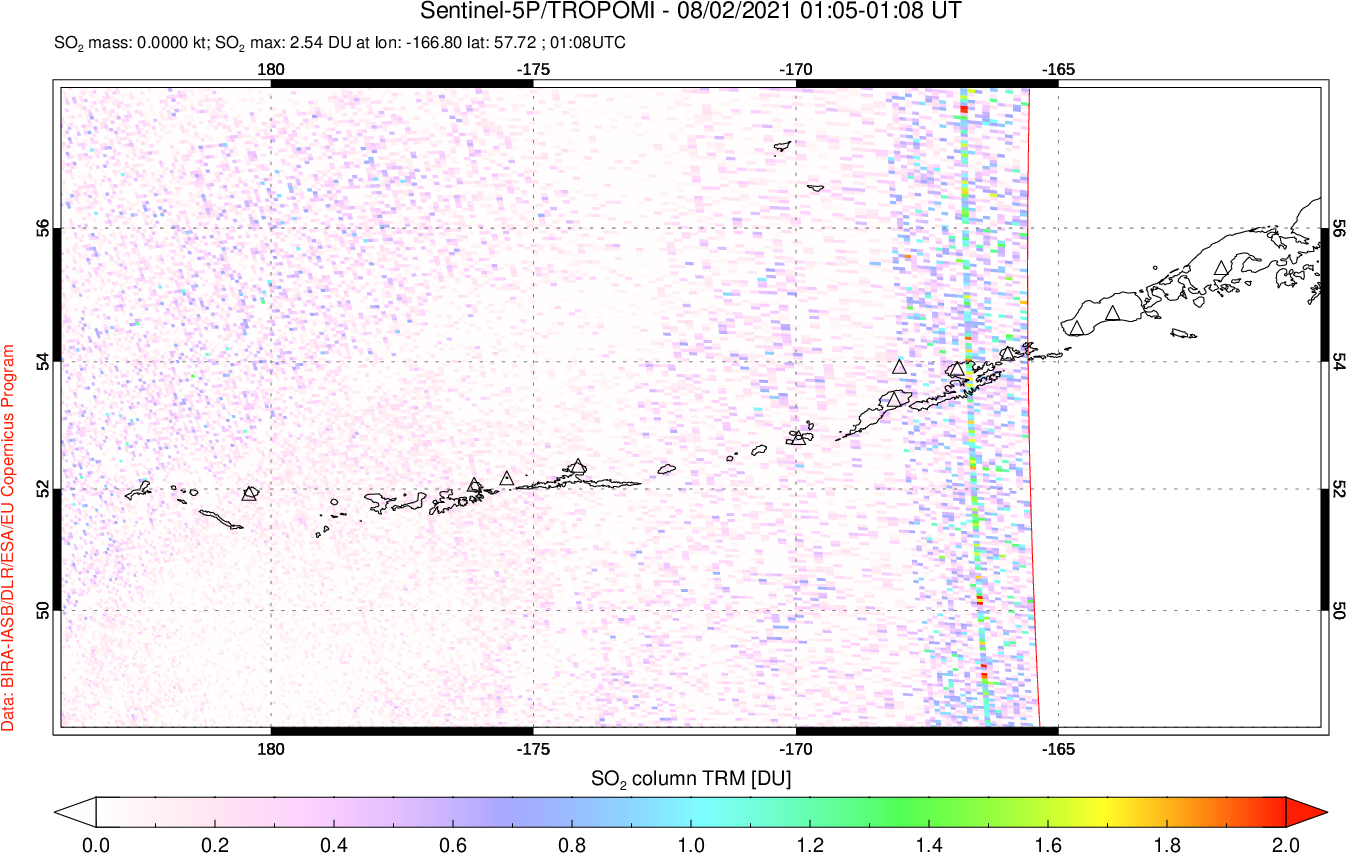 A sulfur dioxide image over Aleutian Islands, Alaska, USA on Aug 02, 2021.