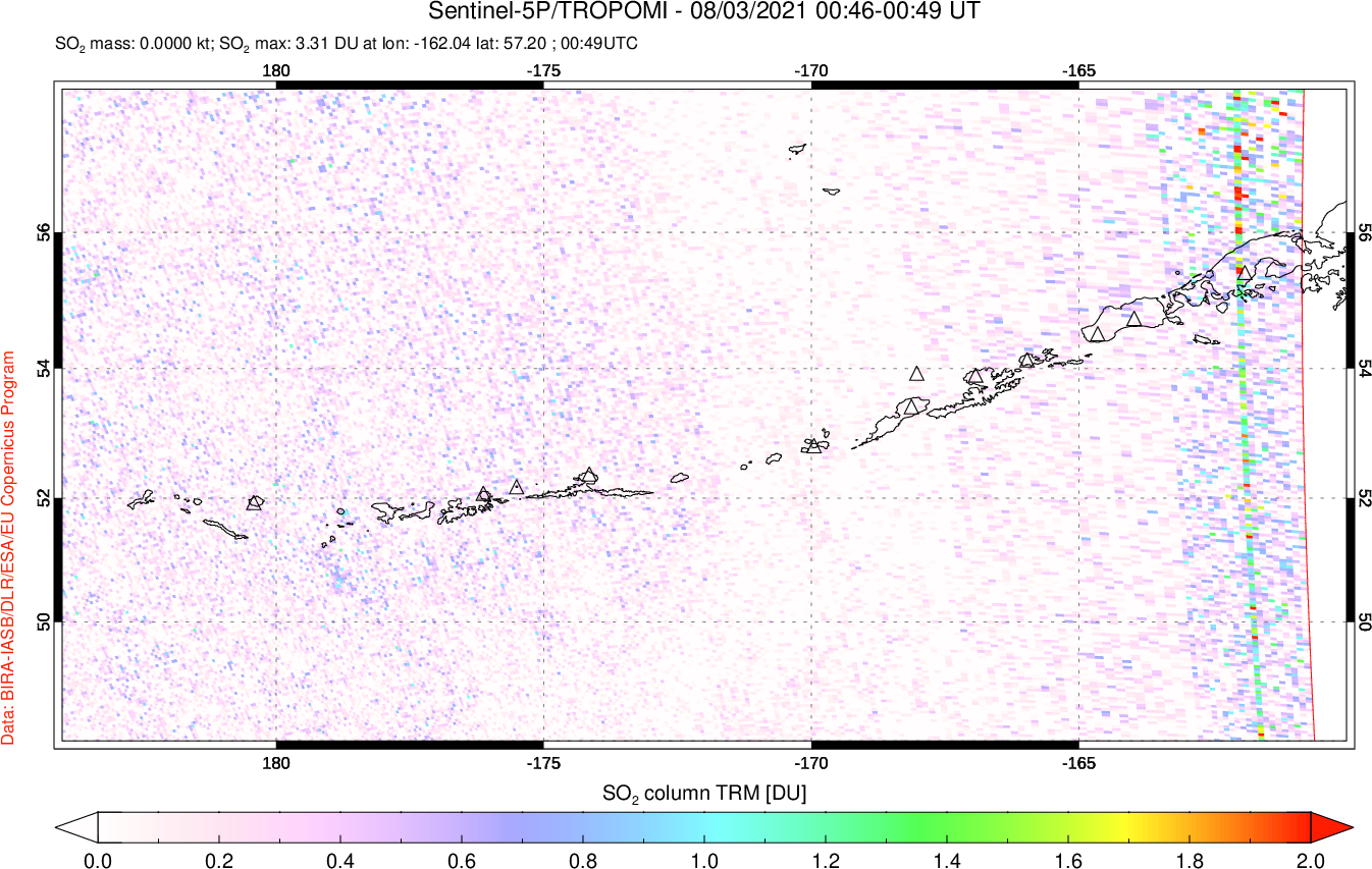 A sulfur dioxide image over Aleutian Islands, Alaska, USA on Aug 03, 2021.
