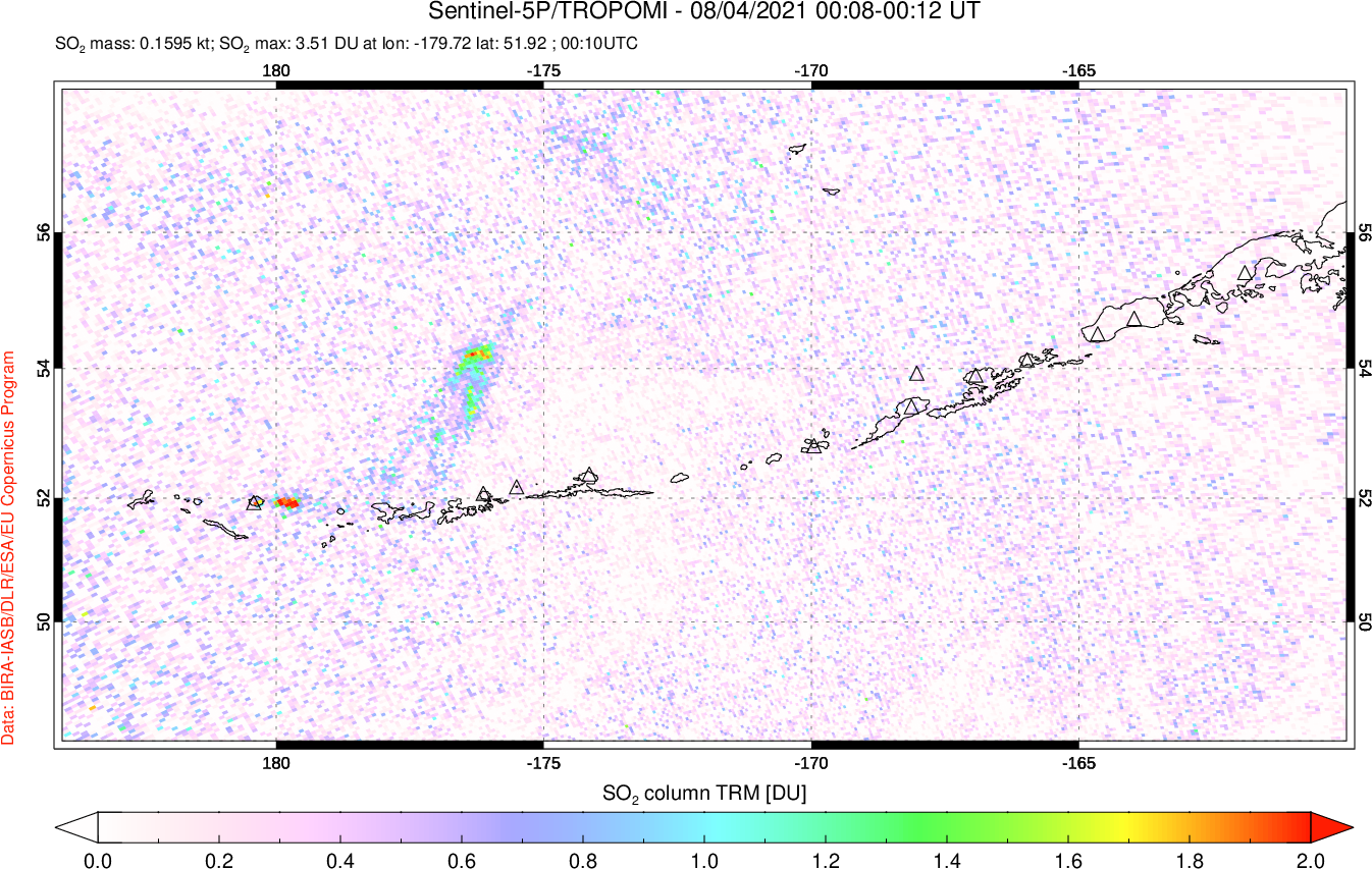 A sulfur dioxide image over Aleutian Islands, Alaska, USA on Aug 04, 2021.