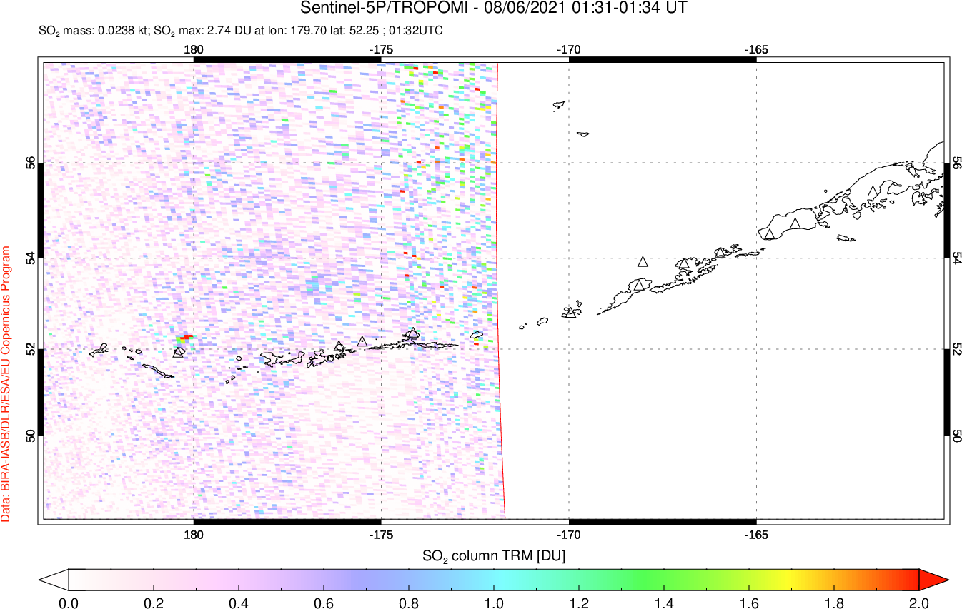 A sulfur dioxide image over Aleutian Islands, Alaska, USA on Aug 06, 2021.