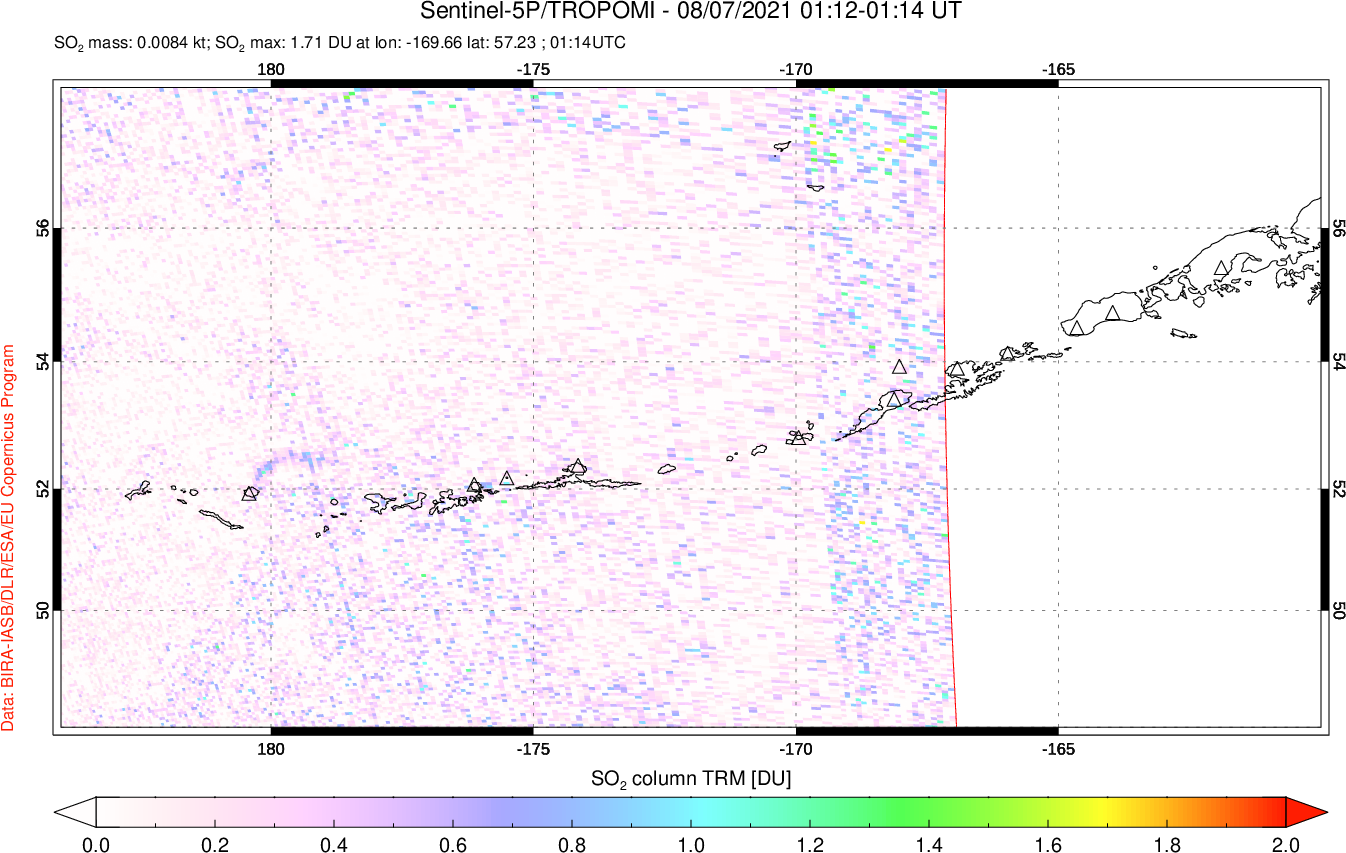 A sulfur dioxide image over Aleutian Islands, Alaska, USA on Aug 07, 2021.