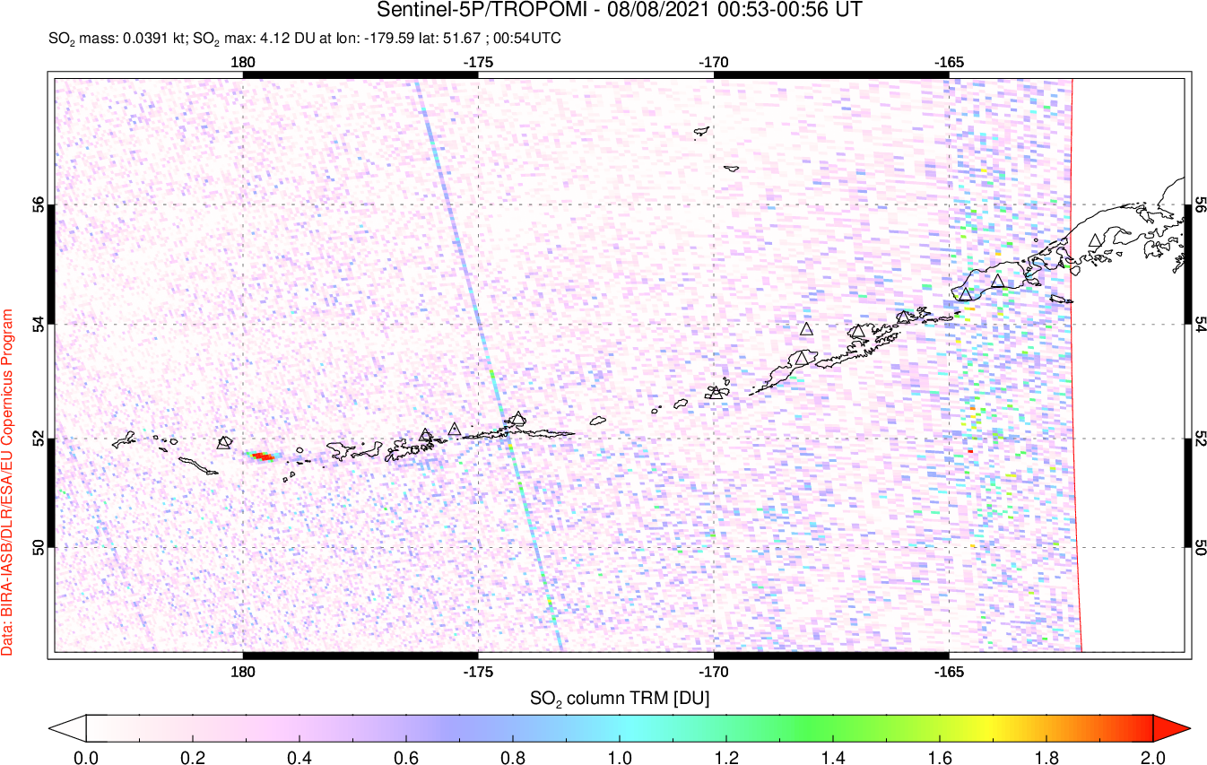 A sulfur dioxide image over Aleutian Islands, Alaska, USA on Aug 08, 2021.