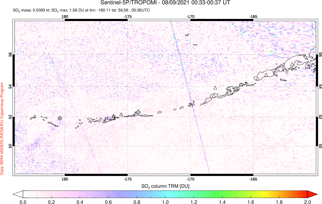 A sulfur dioxide image over Aleutian Islands, Alaska, USA on Aug 09, 2021.