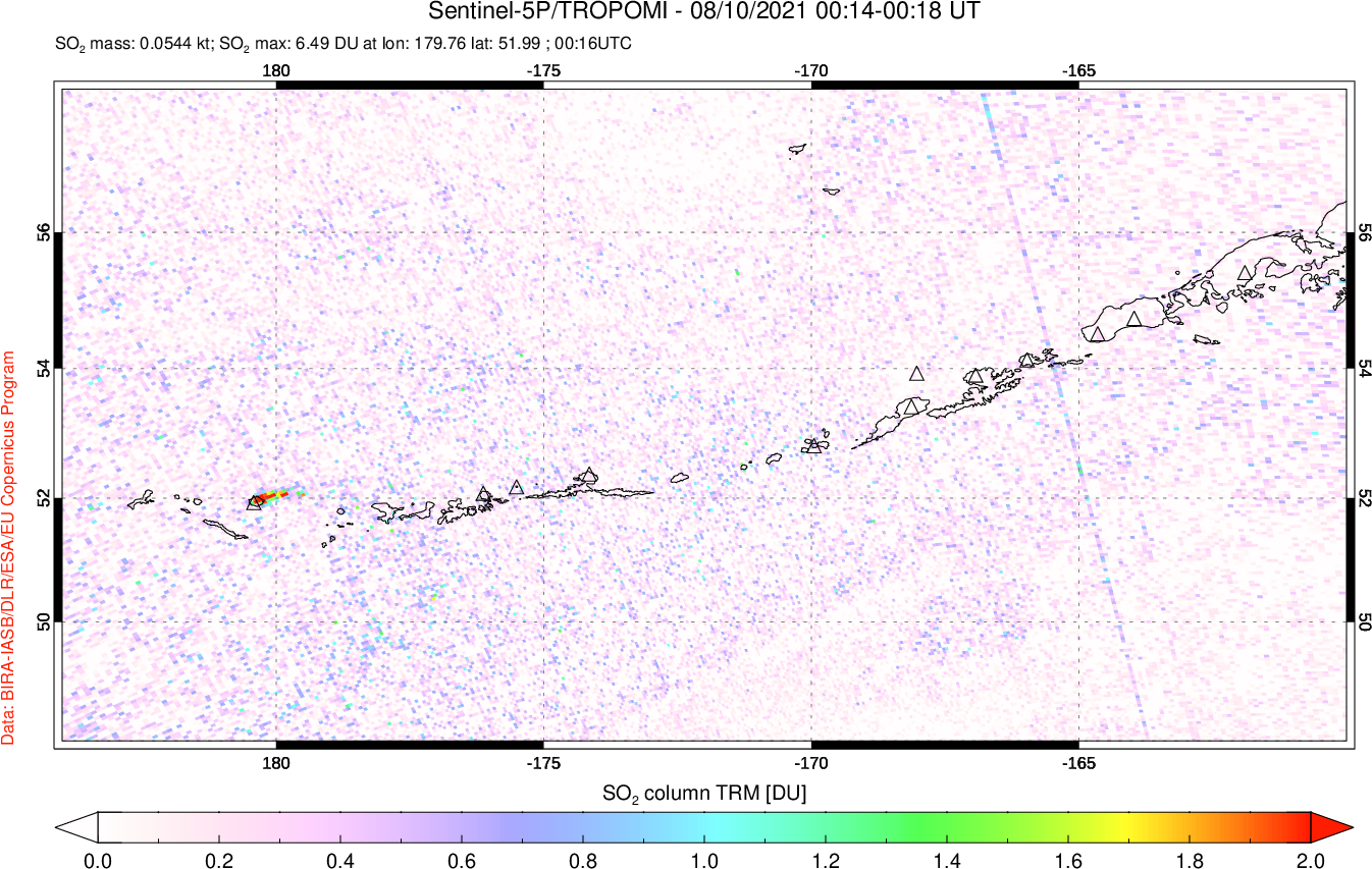 A sulfur dioxide image over Aleutian Islands, Alaska, USA on Aug 10, 2021.