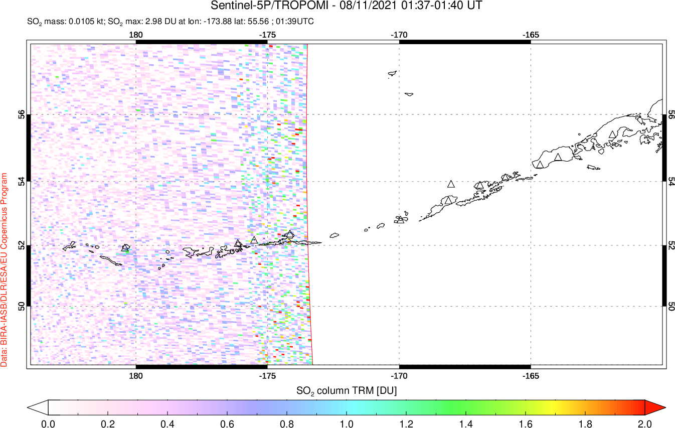 A sulfur dioxide image over Aleutian Islands, Alaska, USA on Aug 11, 2021.