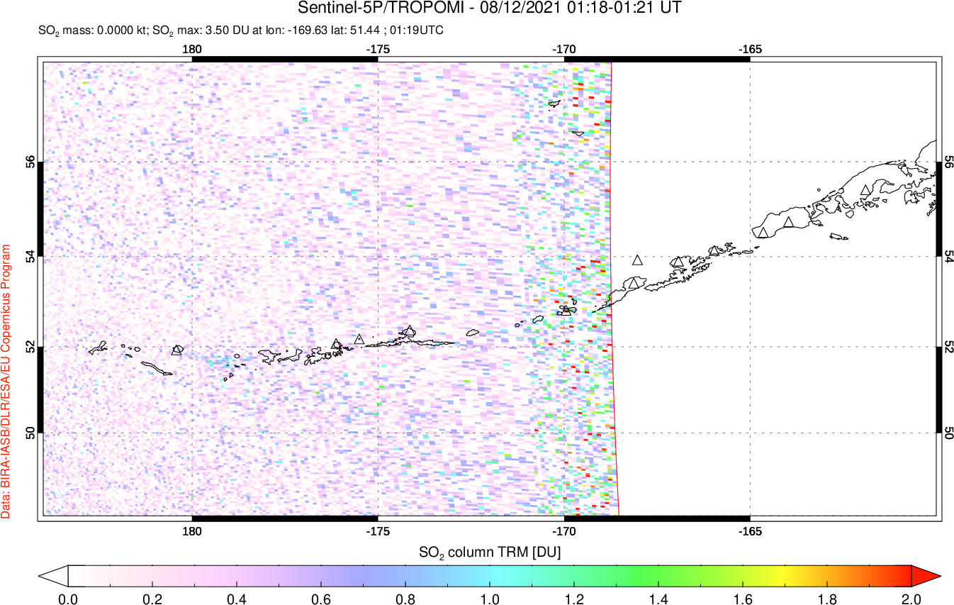 A sulfur dioxide image over Aleutian Islands, Alaska, USA on Aug 12, 2021.