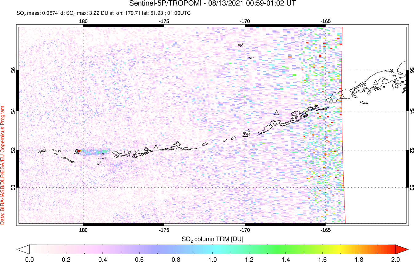 A sulfur dioxide image over Aleutian Islands, Alaska, USA on Aug 13, 2021.